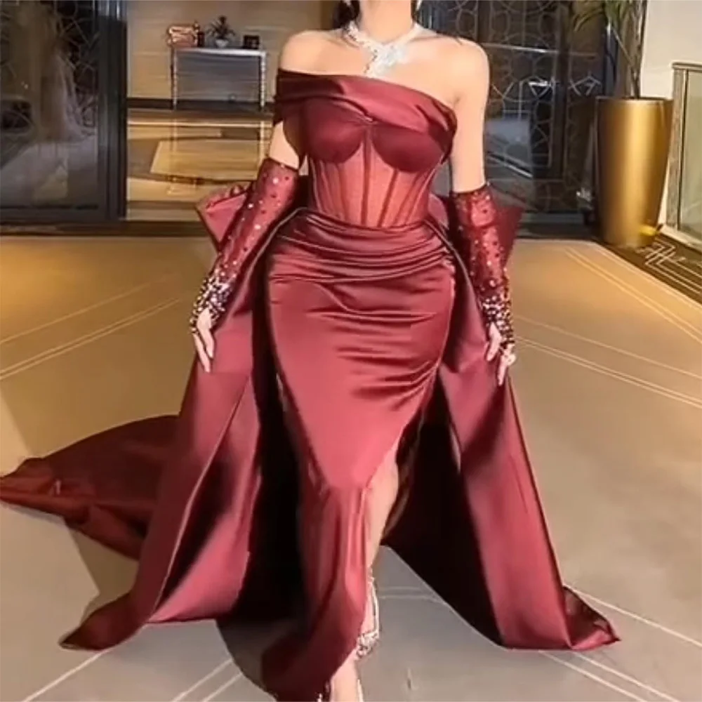 

Customized Exquisite Pleats Bow Crystal Detachable Sleeves One Shoulder Evening Dresses Luxury Front Slit Burgundy Prom Gowns