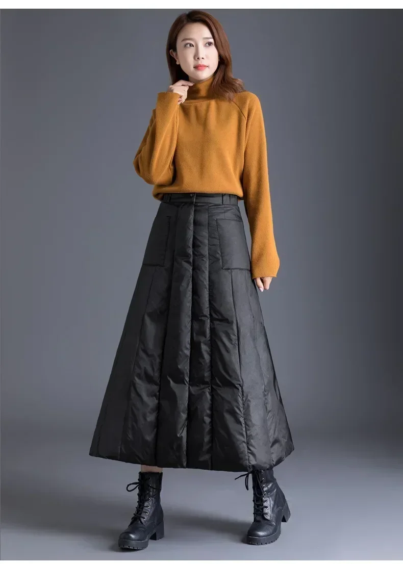 2023 Winter Duck Down Long Skirt Women\'s Black Retro High Waist Clothes Casual Velvet Windproof Skirt Long Skirt Women\'s 3XL