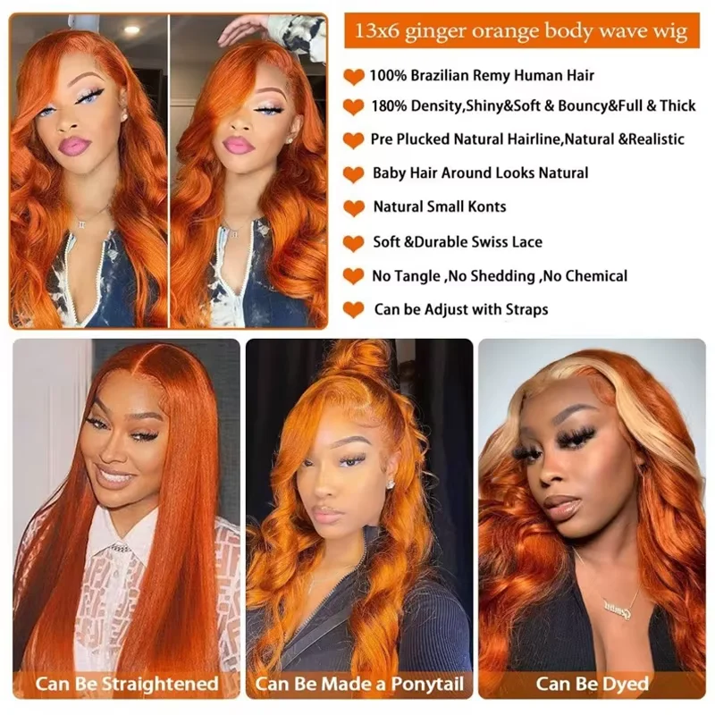 # Peruki typu lace front z włosów naturalnych, 350 Ginger Orange, 13x6 HD, gęstość 210%, body wave, peruka z prawdziwych ludzkich włosów 100%