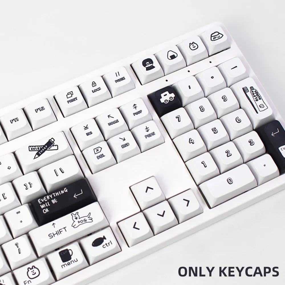 130 Keys Simple Black White Cartoon Personalized Keycap XDA Profile PBT Dye Sublimation KeyCap For MX Switch Mechanical Keyboard