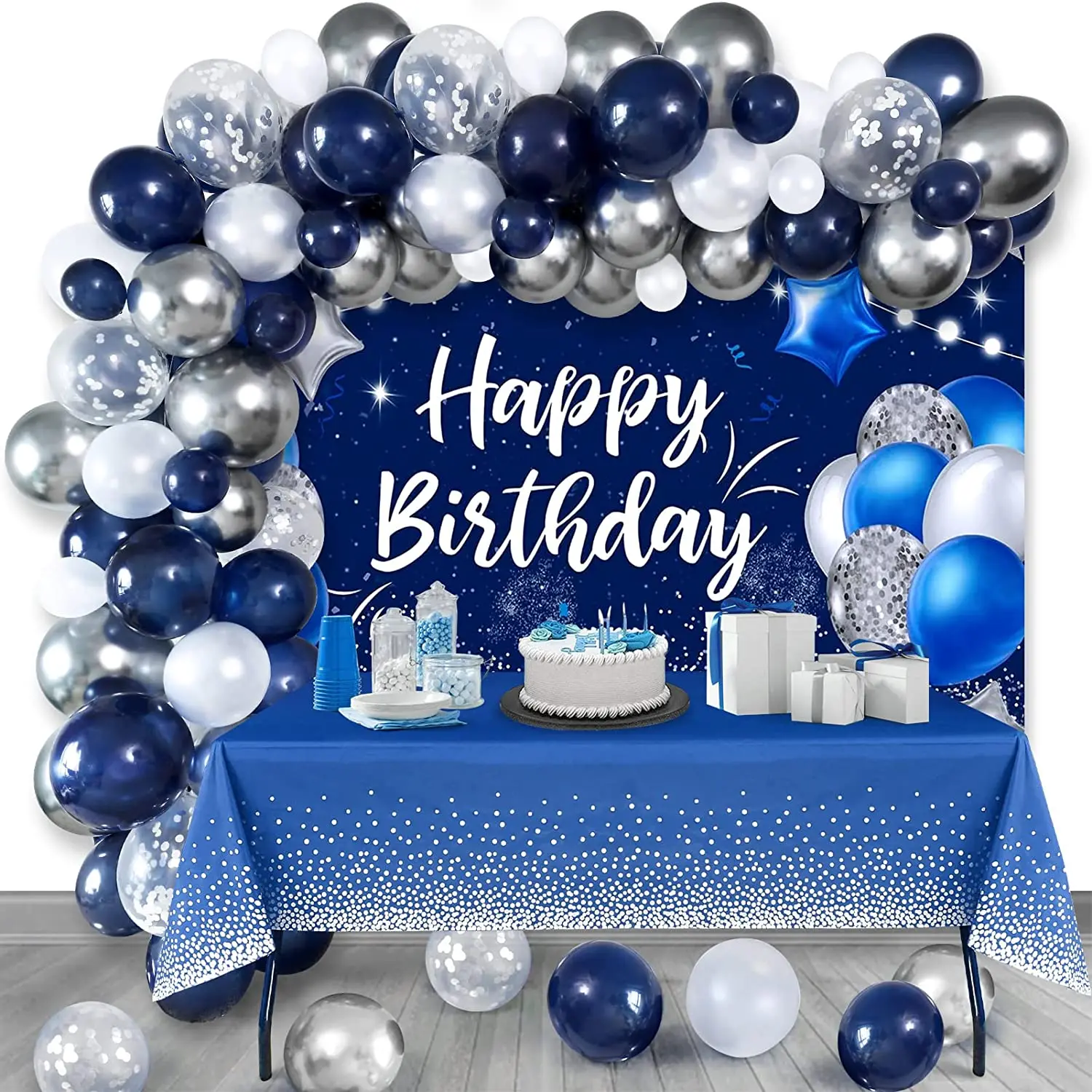 Décorations d'anniversaire bleues et dorées pour hommes et femmes, décorations d'anniversaire pour garçons et filles, décoration de fête, toile de fond et nappe, ballons à confettis, ballons en
