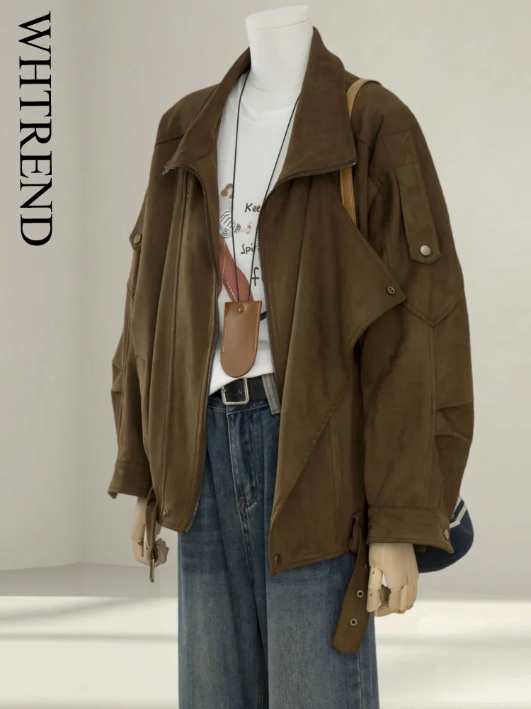 WHTREND براون بدوره إلى أسفل طوق سترة من جلد الغزال للنساء حجم كبير نمط جديد رائع فضفاض تنوعا سستة دراجة نارية معاطف السترة #1