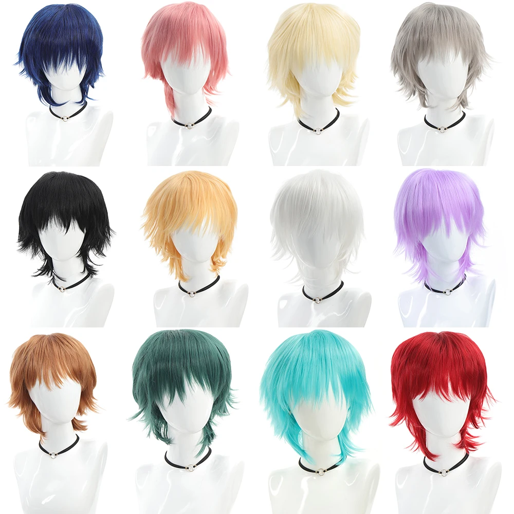 30cm Cosplay short Wig HSIU Black white purple blue red high temperature fiber Synthetic Wig Party Wig multi 12color