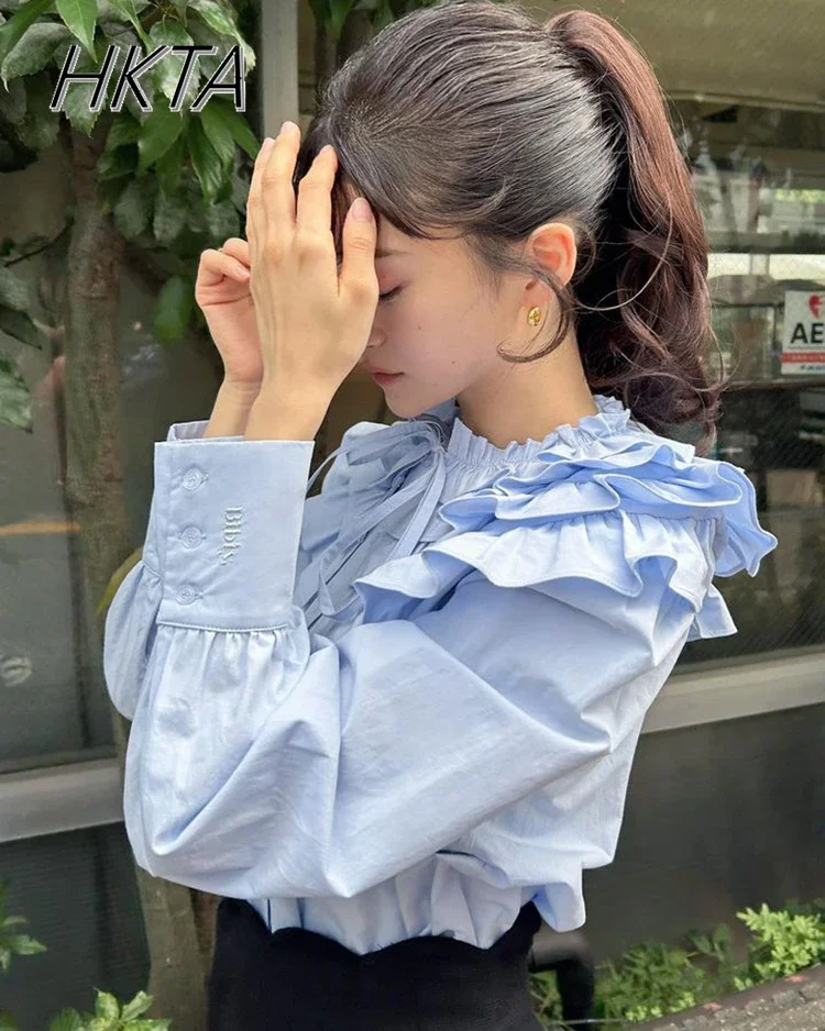 Japanese Style Blouse Women Detachable Frill Lace-up Collar Long Sleeve Cotton Shirt 2024 Autumn New Elegant Ruffles Blouses Top