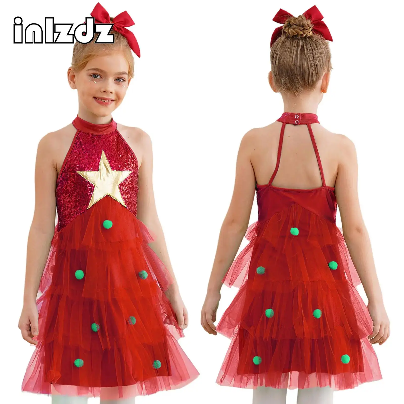 

Sleeveless Tiered Christmas Dresses for Girls Shiny Sequins Tulle Tutu Cosplay Costumes Party Princess Xmas Dress Dancewear