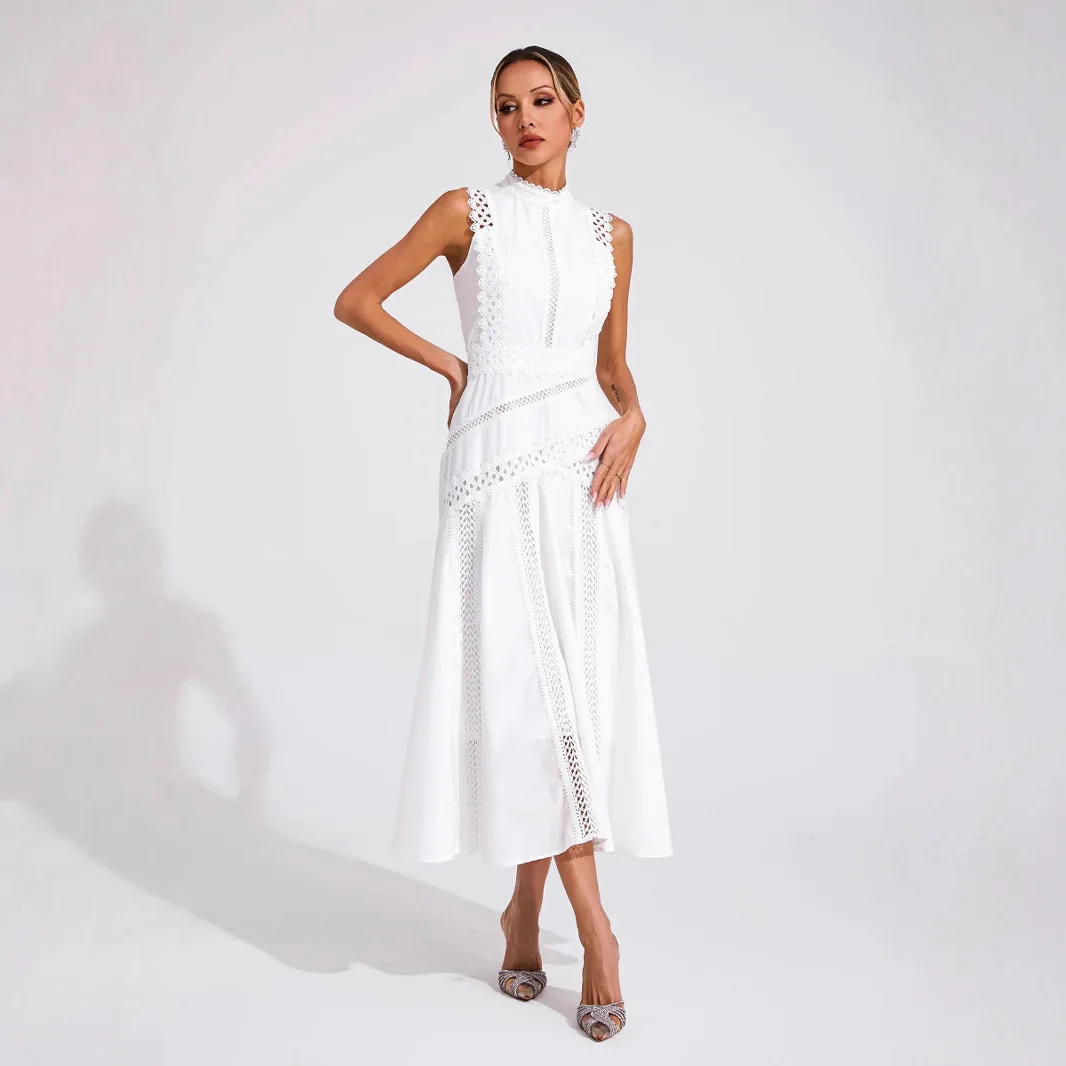 

2026 Summer Foreign Trade New European and American Women's Round Neck Sleeveless Style Long Dress Lace Commuting Evening Dress