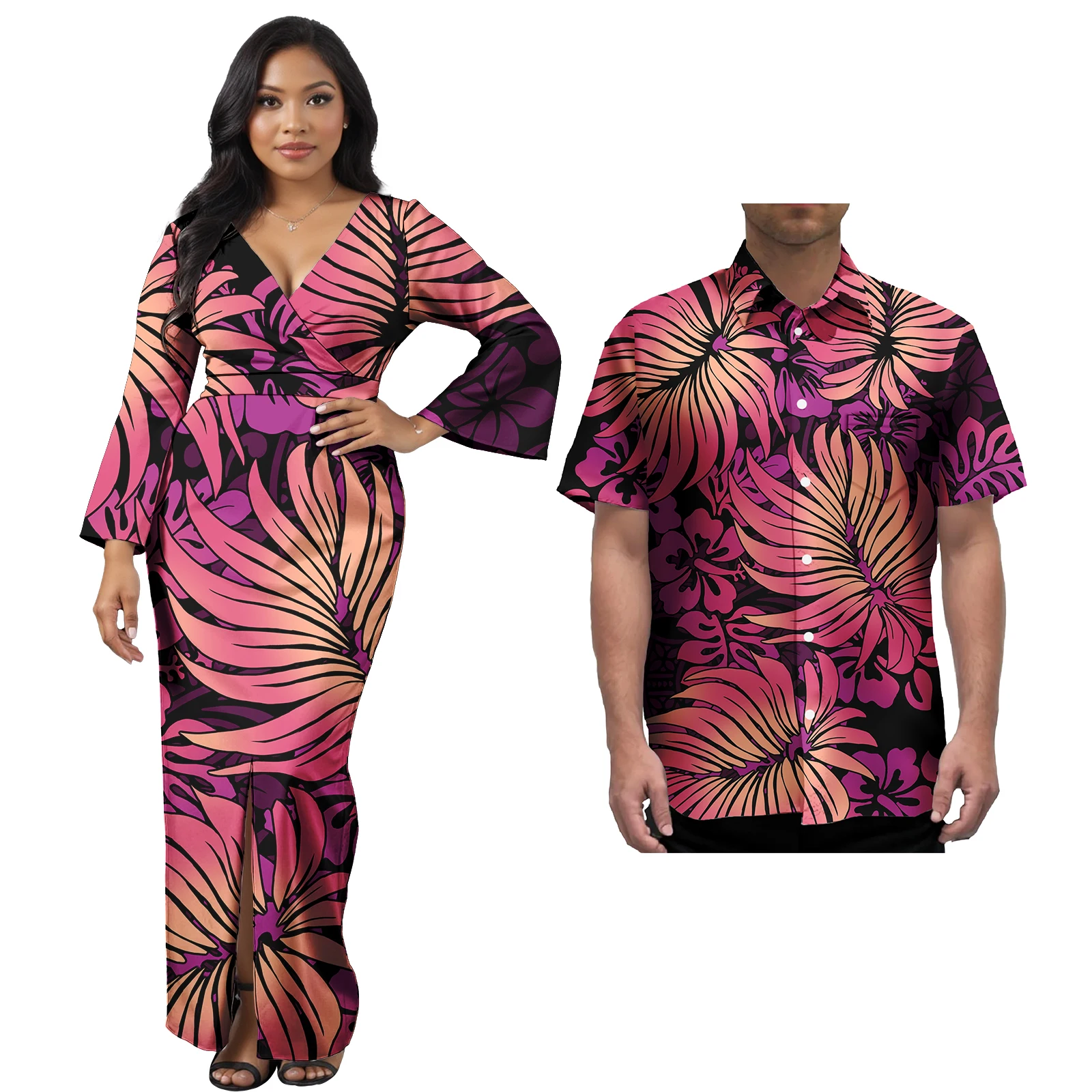 Coppia Hawaii Set Polinesiano Tribale Stampa Floreale Donna Slim Abito Sexy Partita Camicie da Uomo Abiti da Sera Festa
