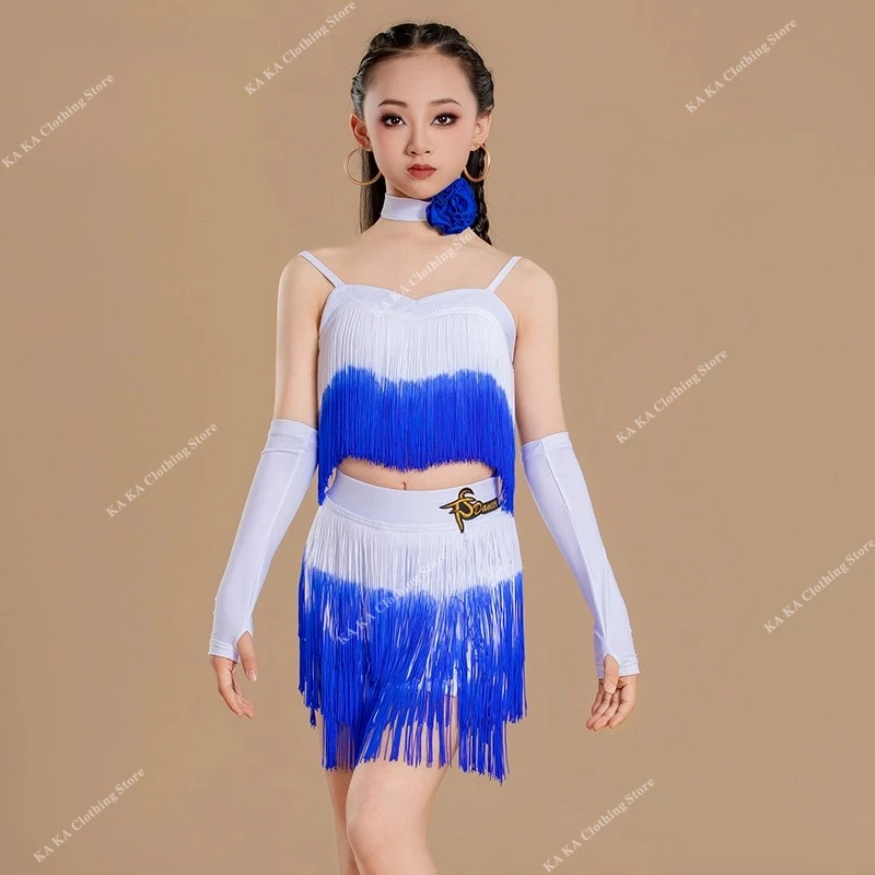 Profissional vestido de dança latina meninas franja tango salsa samba traje de dança de salão crianças desempenho roupas palco traje