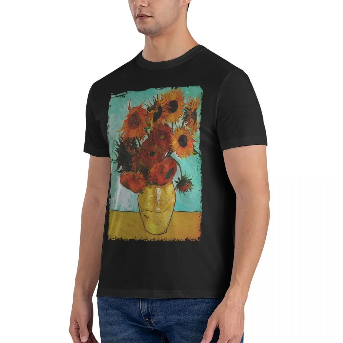 Unique Yellow Sunflowers T-Shirts Men O Neck Pure Cotton T Shirts Vincent Van Gogh Short Sleeve Tees New Arrival Tops