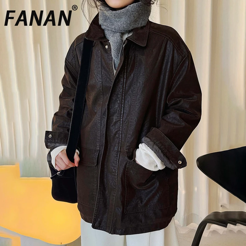 

FANAN Vintage Inner Lamb Wool Coats For Women Lapel Zipper Cardigan Long Sleeve Korean Style Thick Warm Outwear Winter New