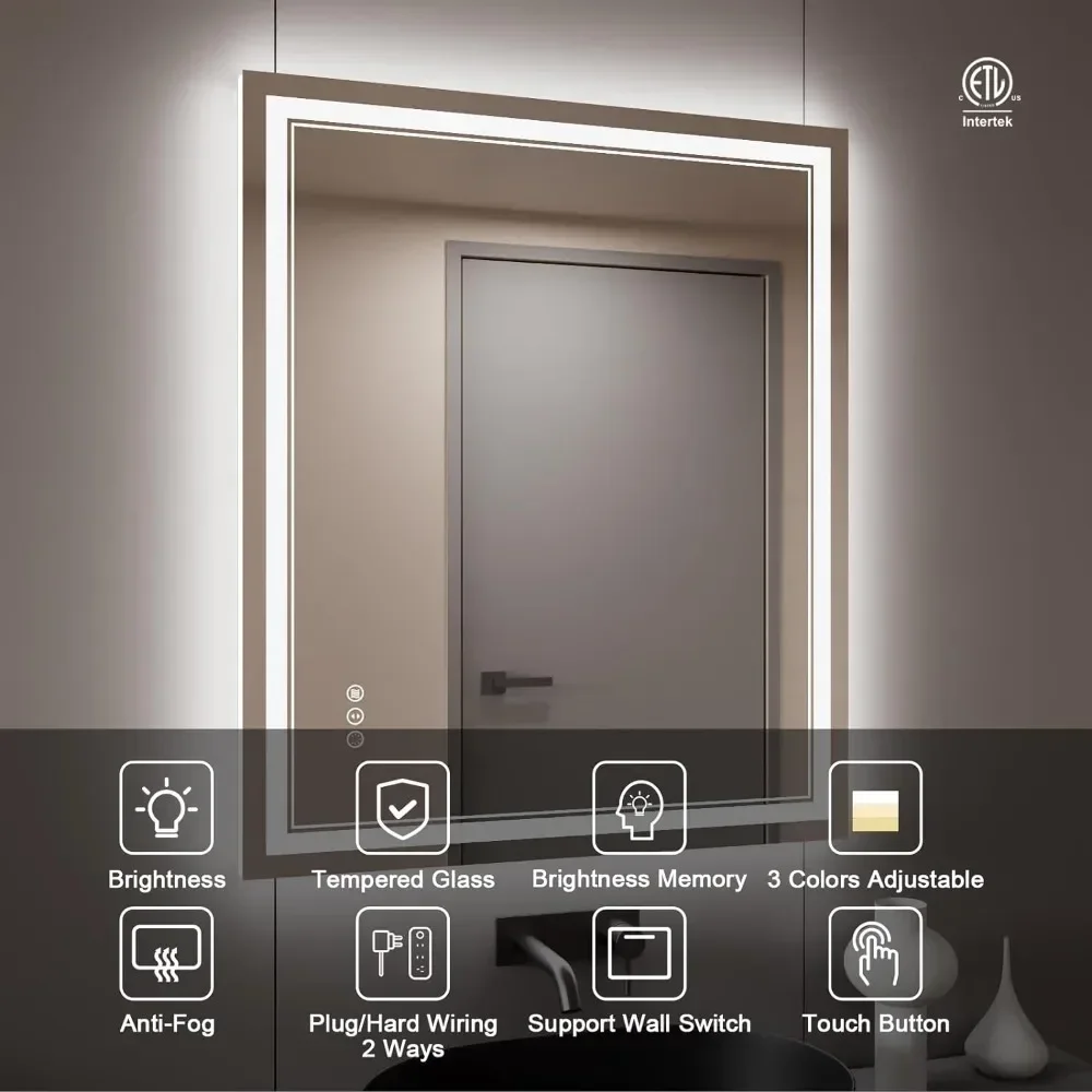 30x36 Inch LED Bathroom Mirror with Lights, Backlit and Front Lighted，Anti-Fog Dimmable Memory Shatterproof