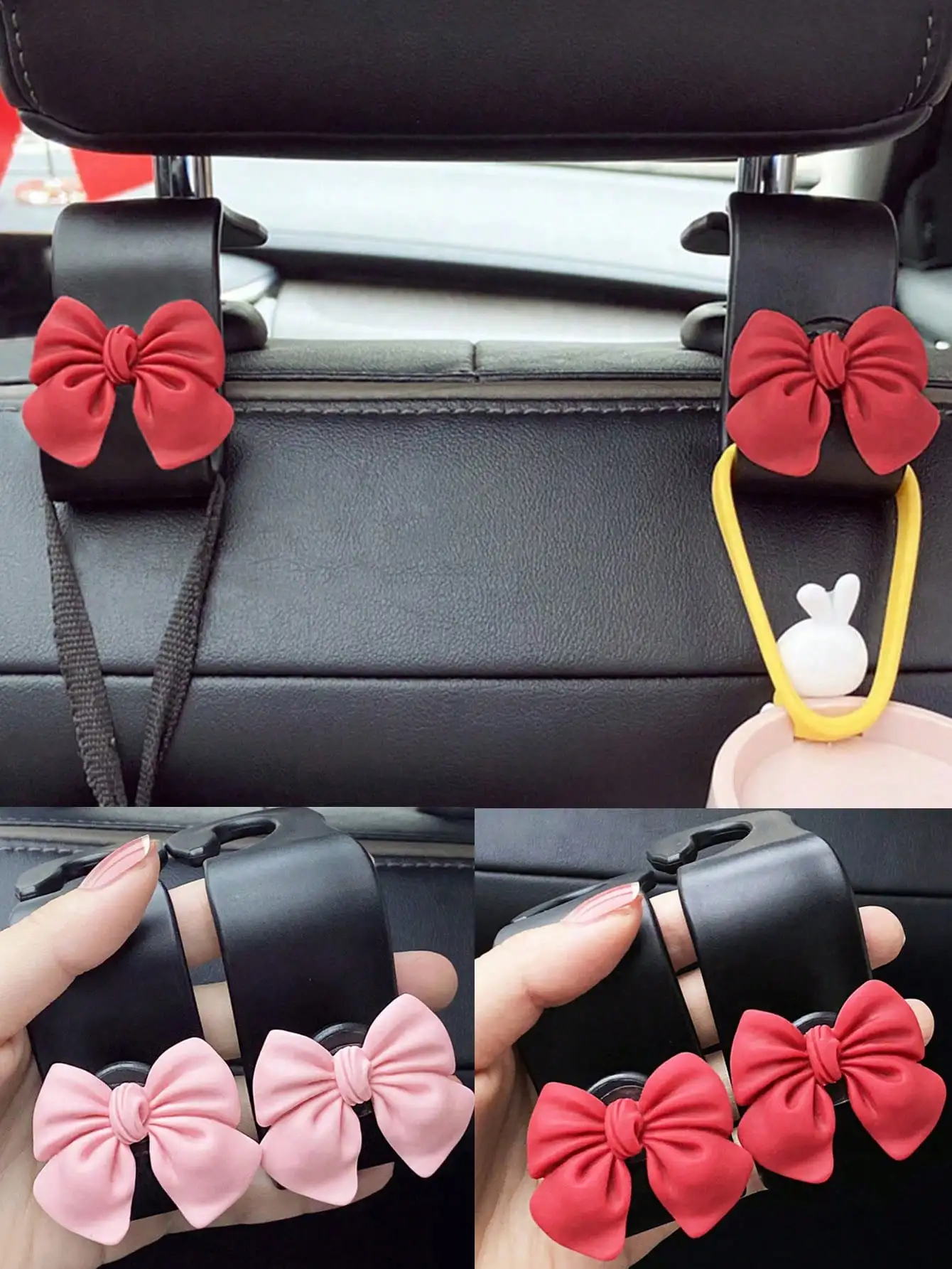 2 Car Seat Hooks, Wallet and Bag Car Hooks, Interior Car Accessories, Cute Bow Shaped Seat Backrest Storage Bag