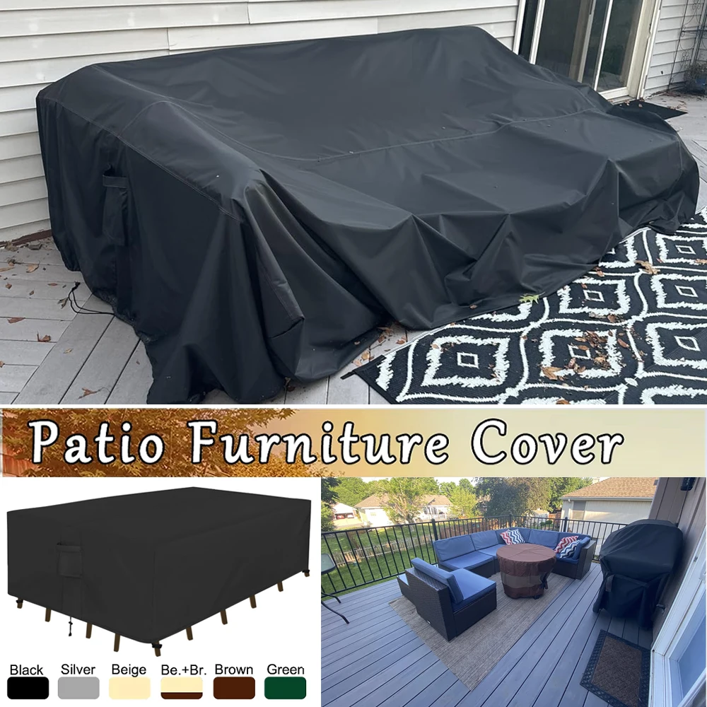 Black 420D Heavy Duty Rectangle Patio Furniture Cover Waterproof Anti-UV Outdoor Dining Table Chair & Sofa Set Cover