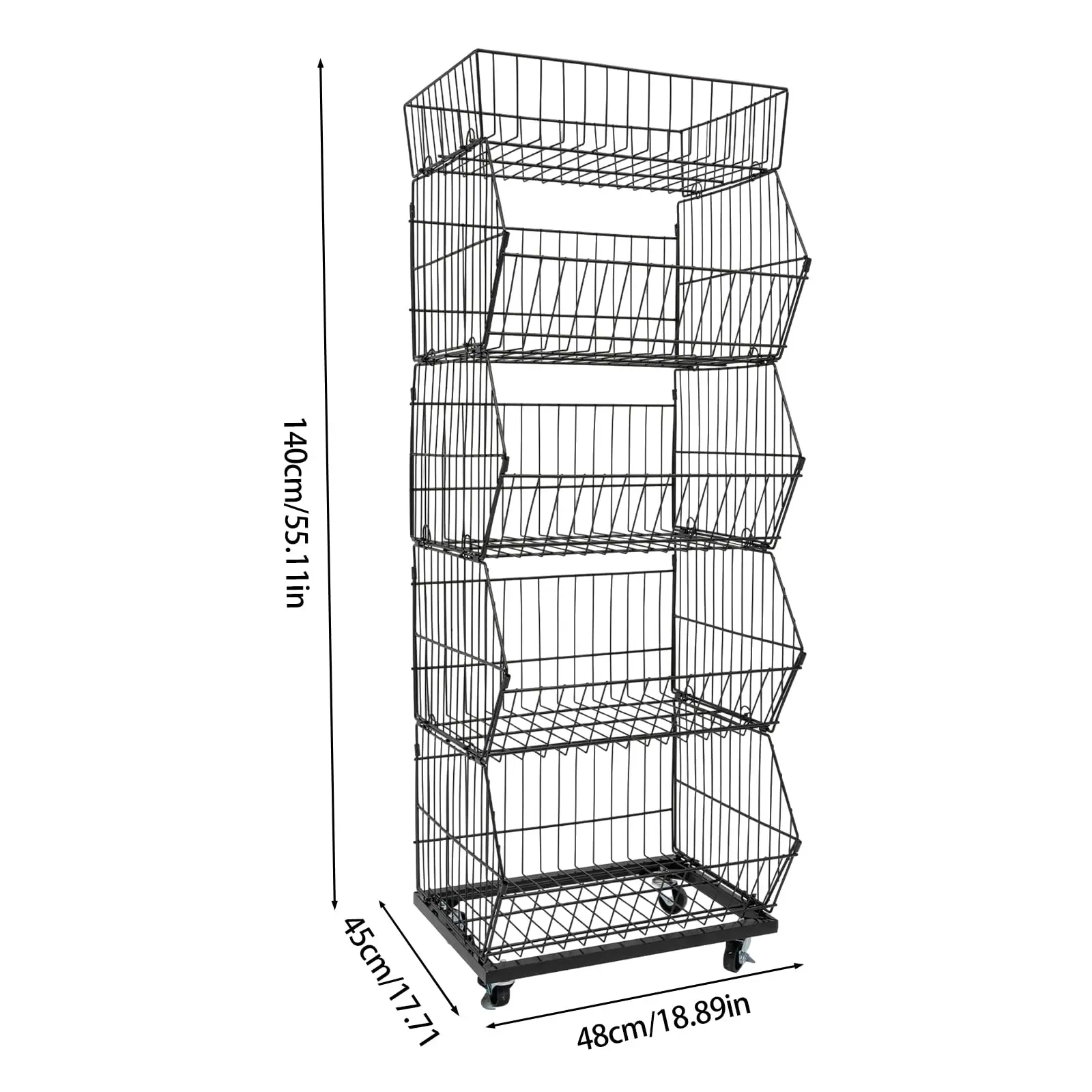 Espositore per vendita al dettaglio a 5 livelli, scaffale organizer per cestini in filo metallico con ruote, carrello portaoggetti per frutta e verdura per supermercato, Co