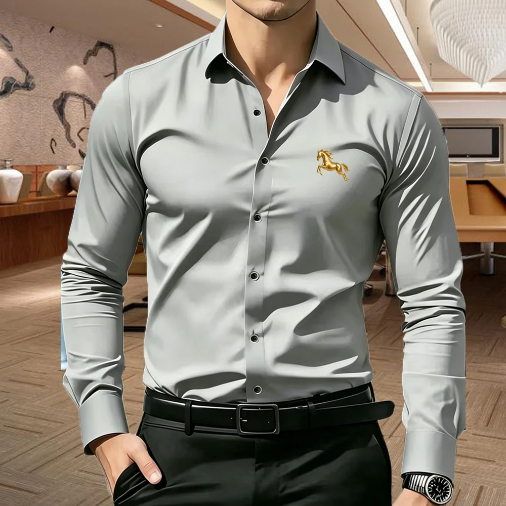 Men's Premium Business Casual Shirt with Golden Horse Print Slim Fit Long Sleeve Wrinkle Resistant Dress Shirt 5-Color Available