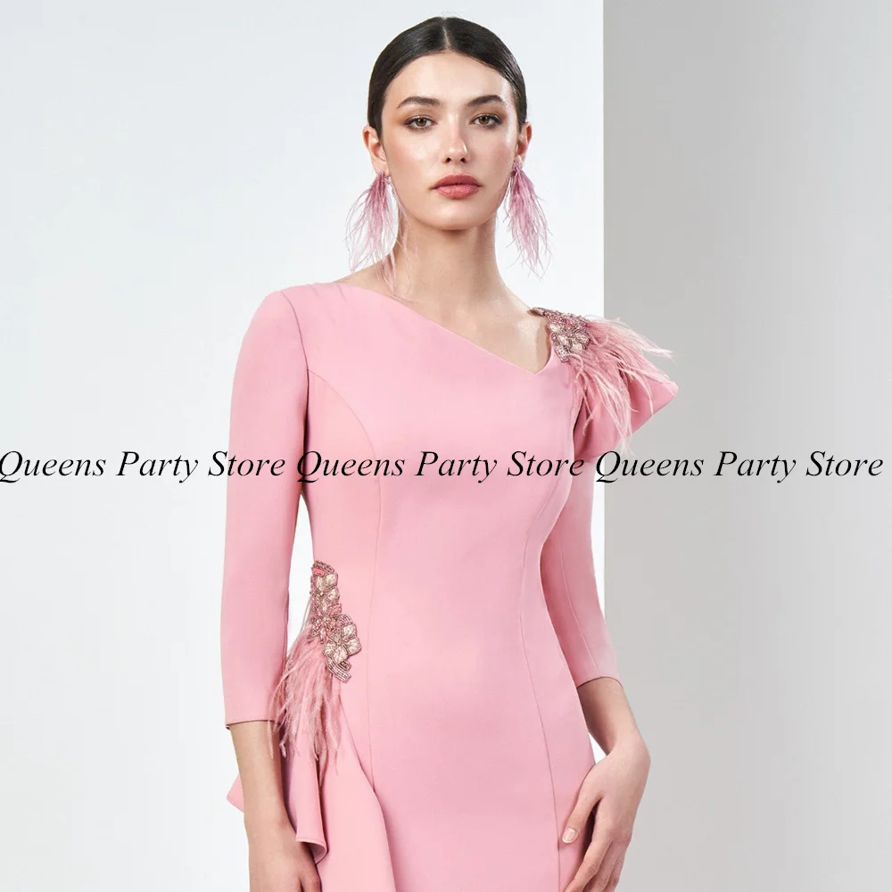 Woman Brush Pink Mother of The Bride Dress 3/4 Sleeves Stones Feathers Mermaid Evening Party Gown Ruffles Wedding Guest Dresses