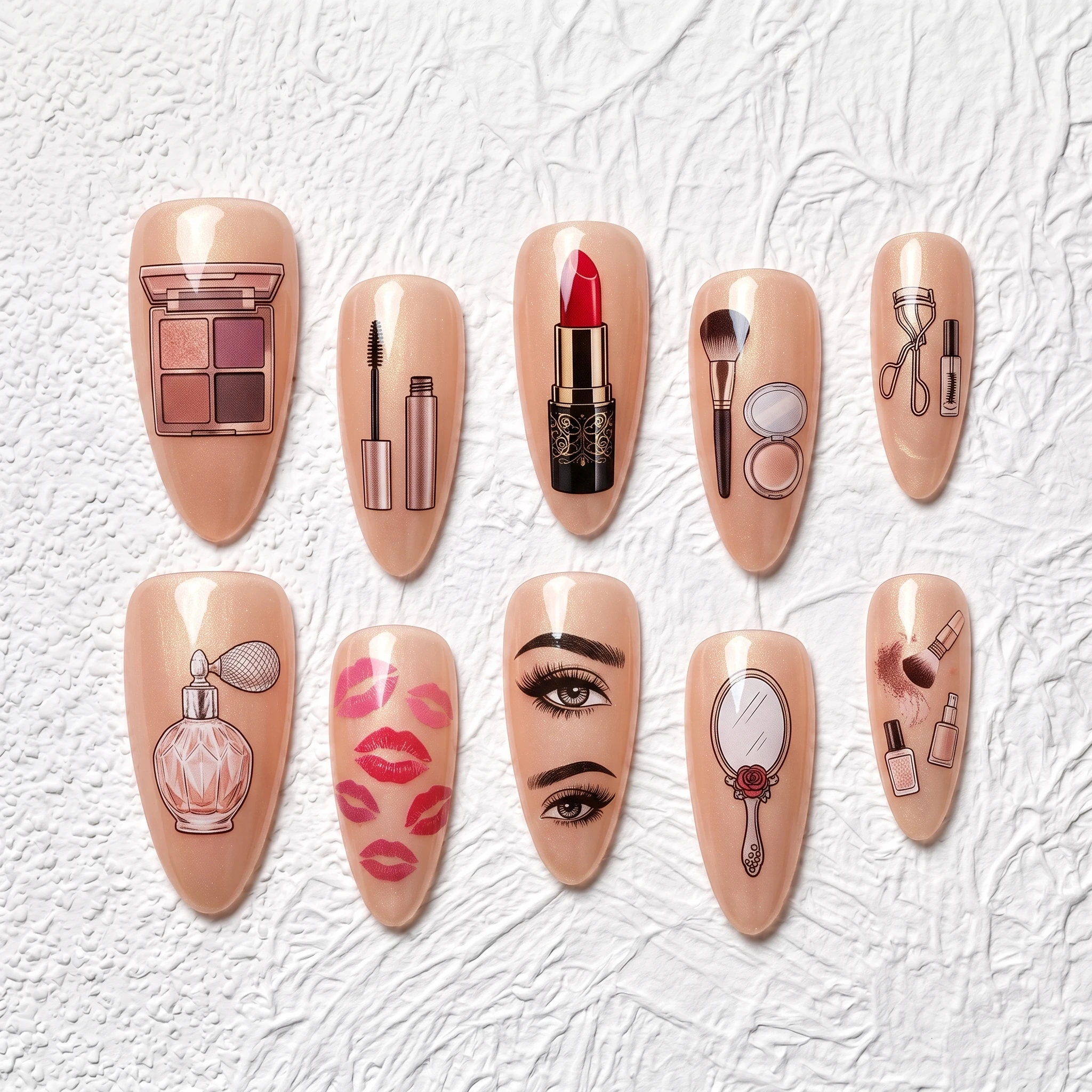Artisan Handcrafted 10PCS Glam Almond Press-On Nails | Illustrated Makeup Tools, Lip Prints, Eyebrow Eyes, Glitter Base, Party &