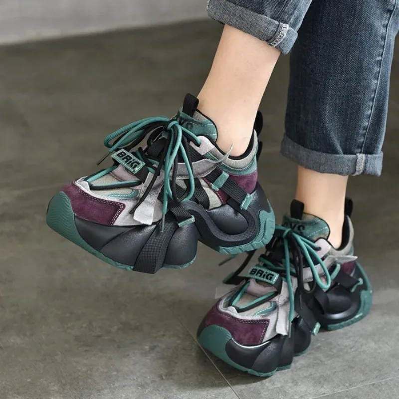 Koznoy 6cm Air Mesh vera pelle donna vulcanizza Chunky Sneaker Platform Wedge autunno suola spessa primavera estate scarpe moda