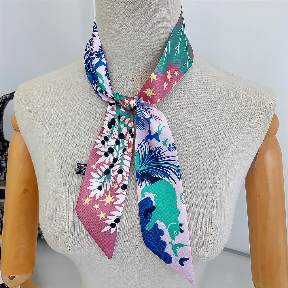 New Fashion All-match Korean Version Mayan Jungle Animals silk scarf Twill Long Strip Small Scarf Tie Bind a bag Ribbon Streamer