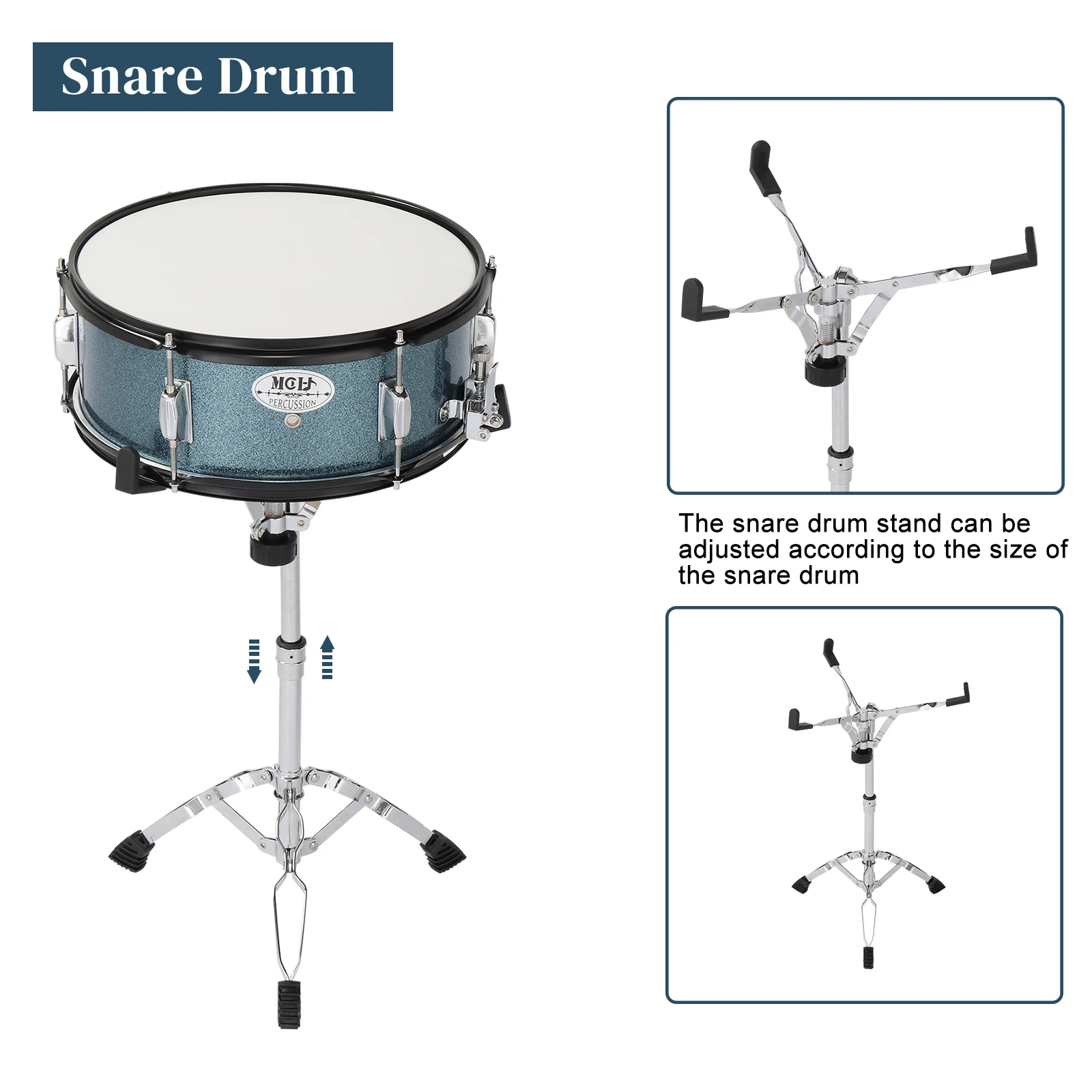 Full Size Adult Drum Set 5-Piece Black with Bass Drum, two Tom Drum, Snare Drum, Floor Tom, 16" Ride Cymbal, 14" Hi-hat Cymbals