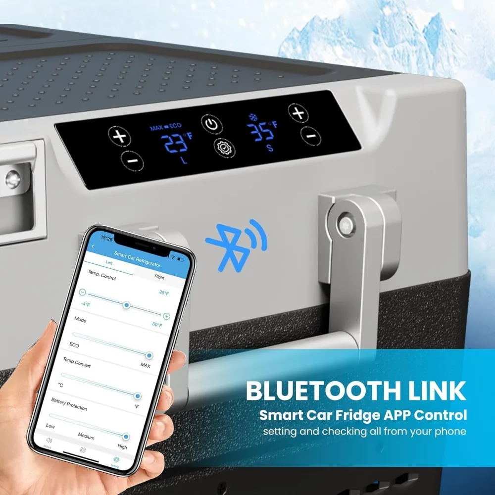 ثلاجة سيارة محمولة سعة 48 لترًا مع عجلات، وتوافق الجهد المزدوج (12/24 فولت تيار مستمر و110-240 فولت تيار متردد)، والتحكم في تطبيق الهاتف الذكي