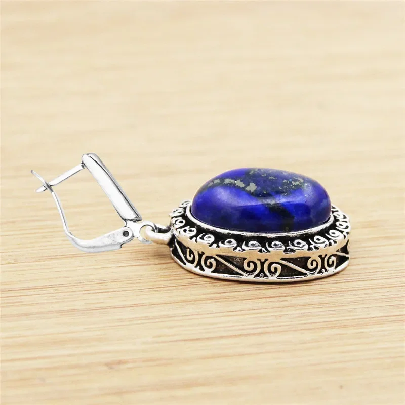 Natural Lapis Lazuli Earrings Snail Flower Pendant For Women Vintage Antique Silver Plated Fashion Jewelry Anniversary Gift
