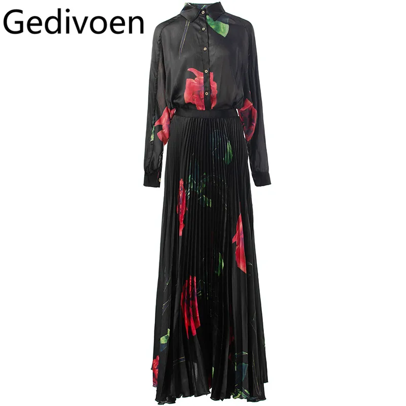 Gedivoen Summer Fashion Runway Designer Skirt Sets Women's Chiffon Floral Print Shirt+Elastic Waist Pleated Skirt Two Pieces Set