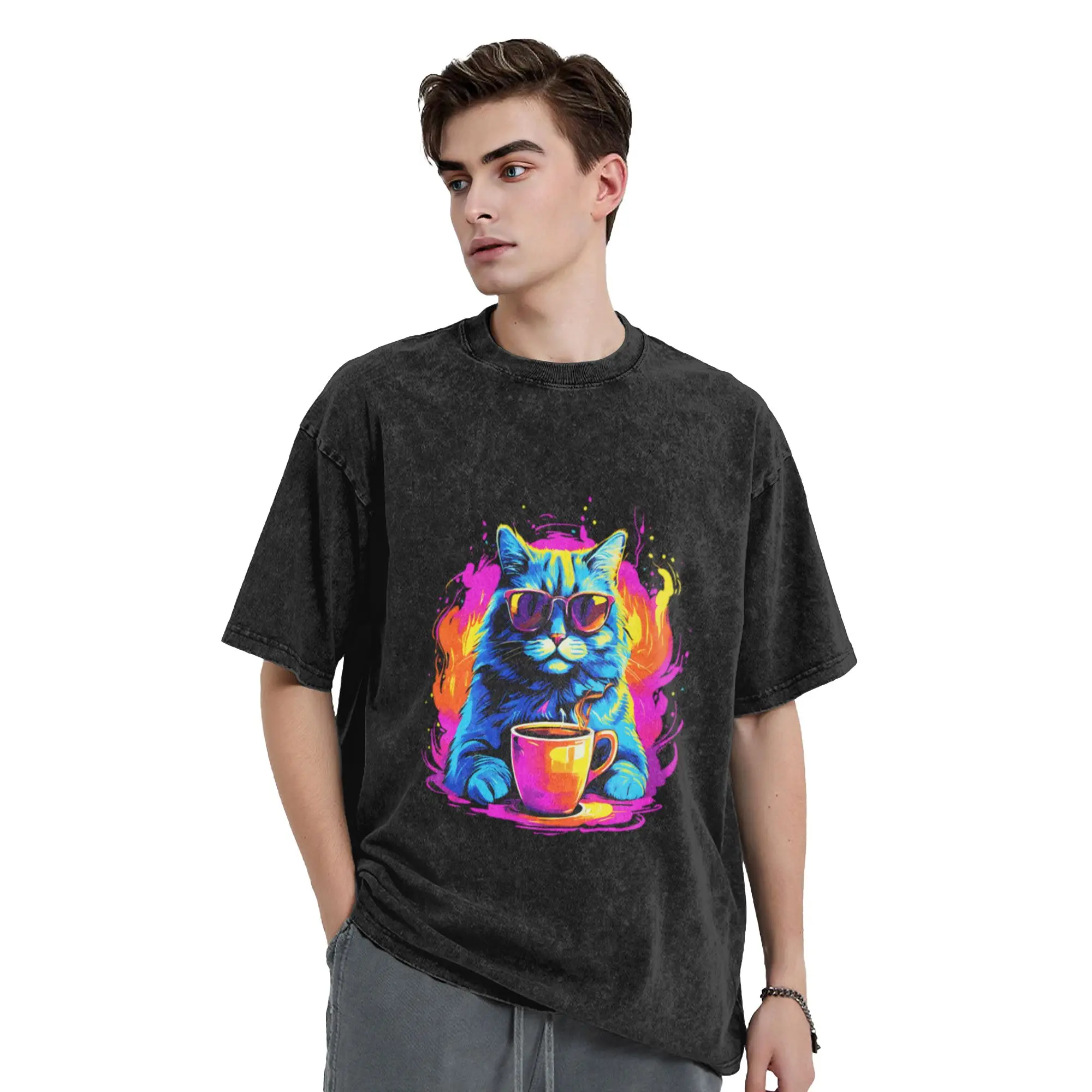 Clever cat sipping coffee with delight Unique Stylish A Washed T Shirt Men's Women's Oversized Cotton Tees Tops