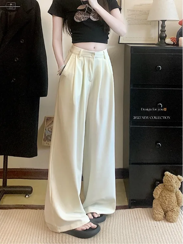 High Waist Wide Leg Pants Korean Style Casual Loose Fit Black Suit Pants Draping Floor-Length Women's Fashion Trousers