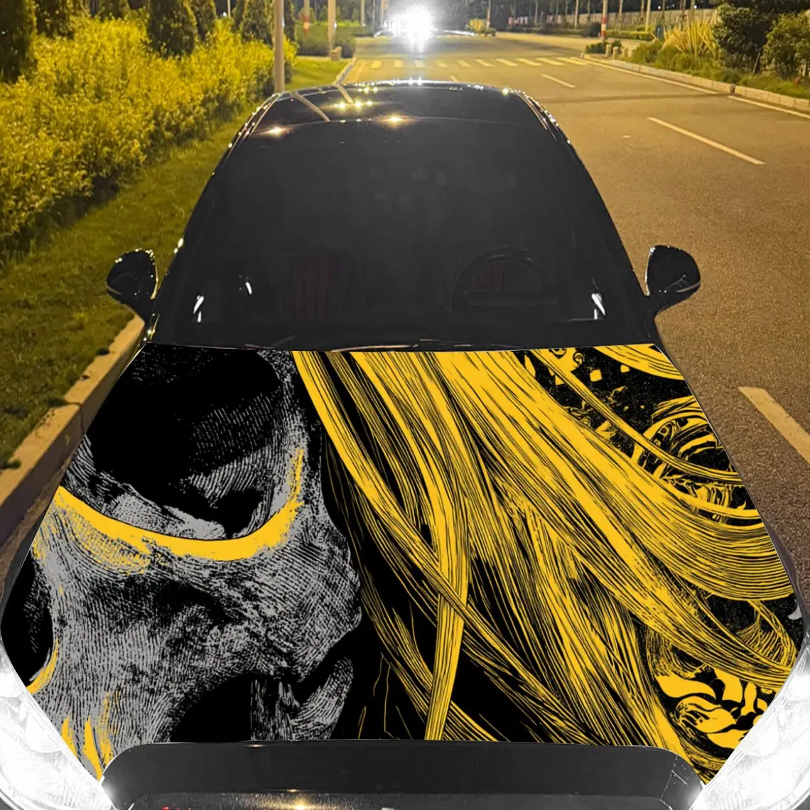 ملصقات غطاء رأس السيارة على شكل جمجمة صفراء مرعبة - لفافة فينيل ذاتية اللصق ومقاومة للماء ومتينة، وتزيين وحماية C الخاصة بك #1