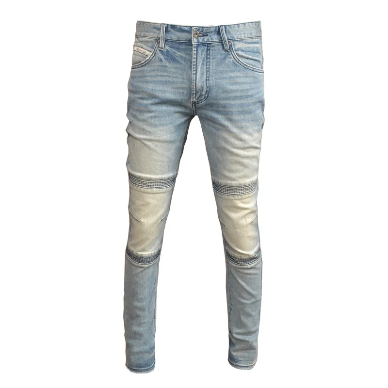Retro Light-Colored Nostalgic Jeans Men's 2023 New Elastic Slim Fit Skinny High-End Casual Patchwork Motorcycle Men's Pants
