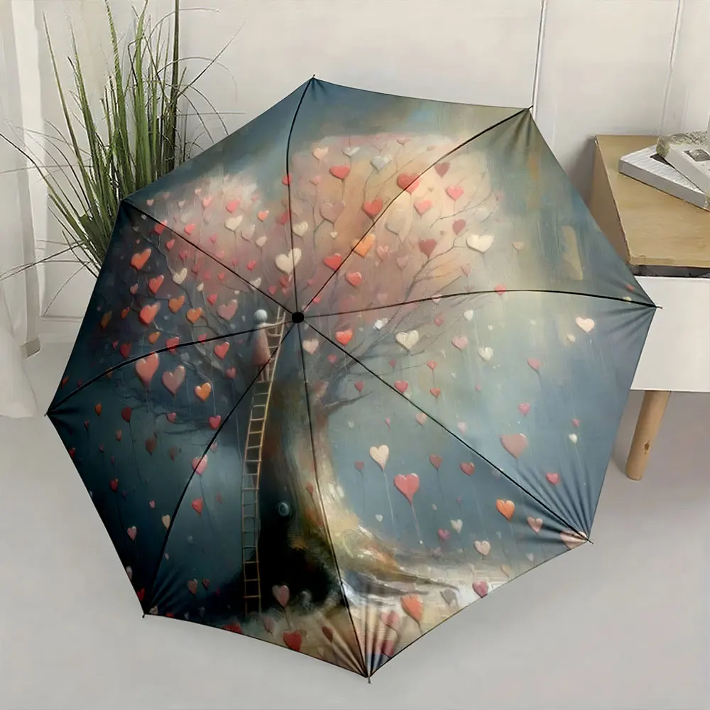 1PC Romantic Tree Design Umbrella with Heart Decorations Print 8 Iron Ribs Folding Umbrella Auto-Open Fashion Sunshade