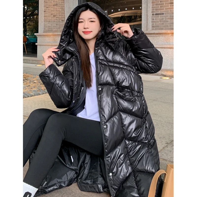 Women Black Medium Length Down Jacket White Hood Coat Fashion Windproof Thicken Duck Down Feather Female Solid Winter Outwear