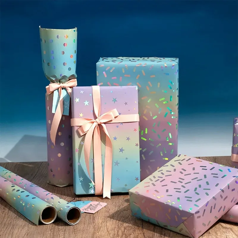 43x300CM Gift Wrapping Paper Roll Laser Rainbow Dots Star Design for Valentines Day Birthdays Weddings Graduations