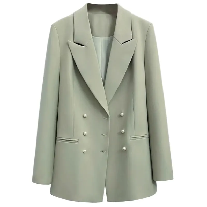 Beige Green Women Blazers Pearl Buttons Full Sleeve Elegant Suit Jacket Fashion Korean Luxury Clothing for Woman