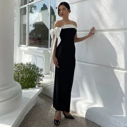 Women's Bow White Black Contrast Long Dresses Party Off Shoulder Sexy Maxi Sleeveless French Simple Curvy Bandage Dress Evening