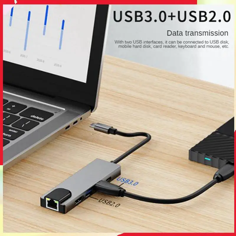 

B18B Type C 5-In-1 Dock: USB 3.0, RJ45 Ethernet, And 4K -Compatible Splitter For Laptop Adapter