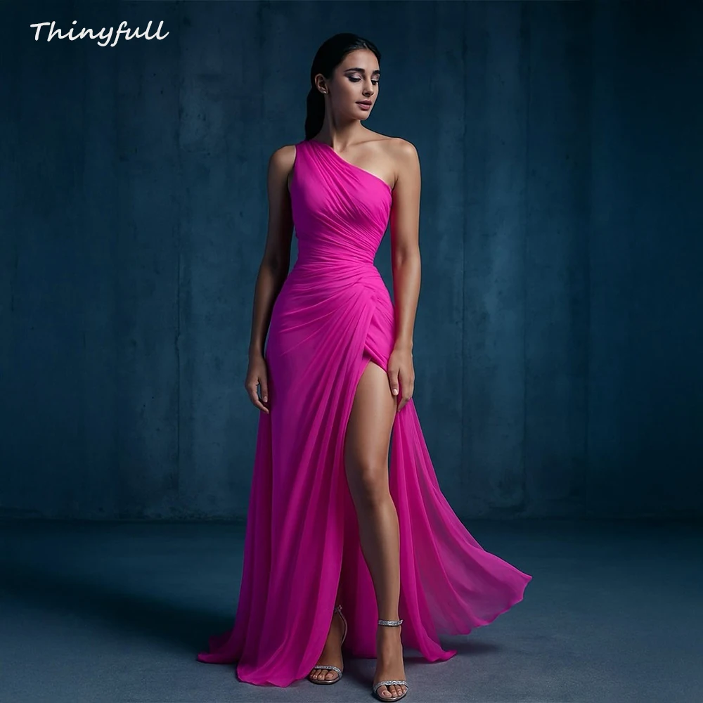 

Thinyfull Mermaid Chiffon Arab Prom Dresses One Shoulder Sleeveless Dubai Evening Party Dress Formal Occasion Gown Customized ﻿