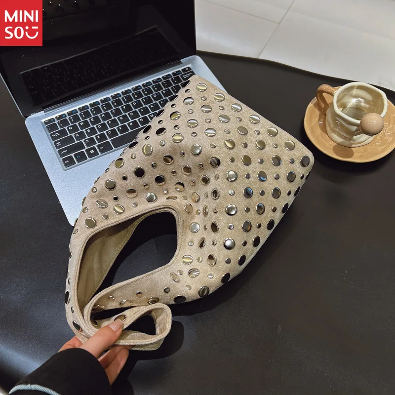 Miniso Punk Style Embellished Double-Faced Round Rivet Inlaid Niche Luxury Bucket Bag Chic Lady Underarm Large Capacity Shoulder