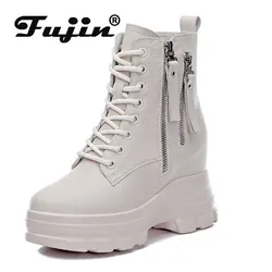 Fujin 9cm Genuine Leather Platform Wedge Autumn Winter Mid Calf Ankle Motorcycle Booties Non Slip Hidden Heel Women Zipper Shoes