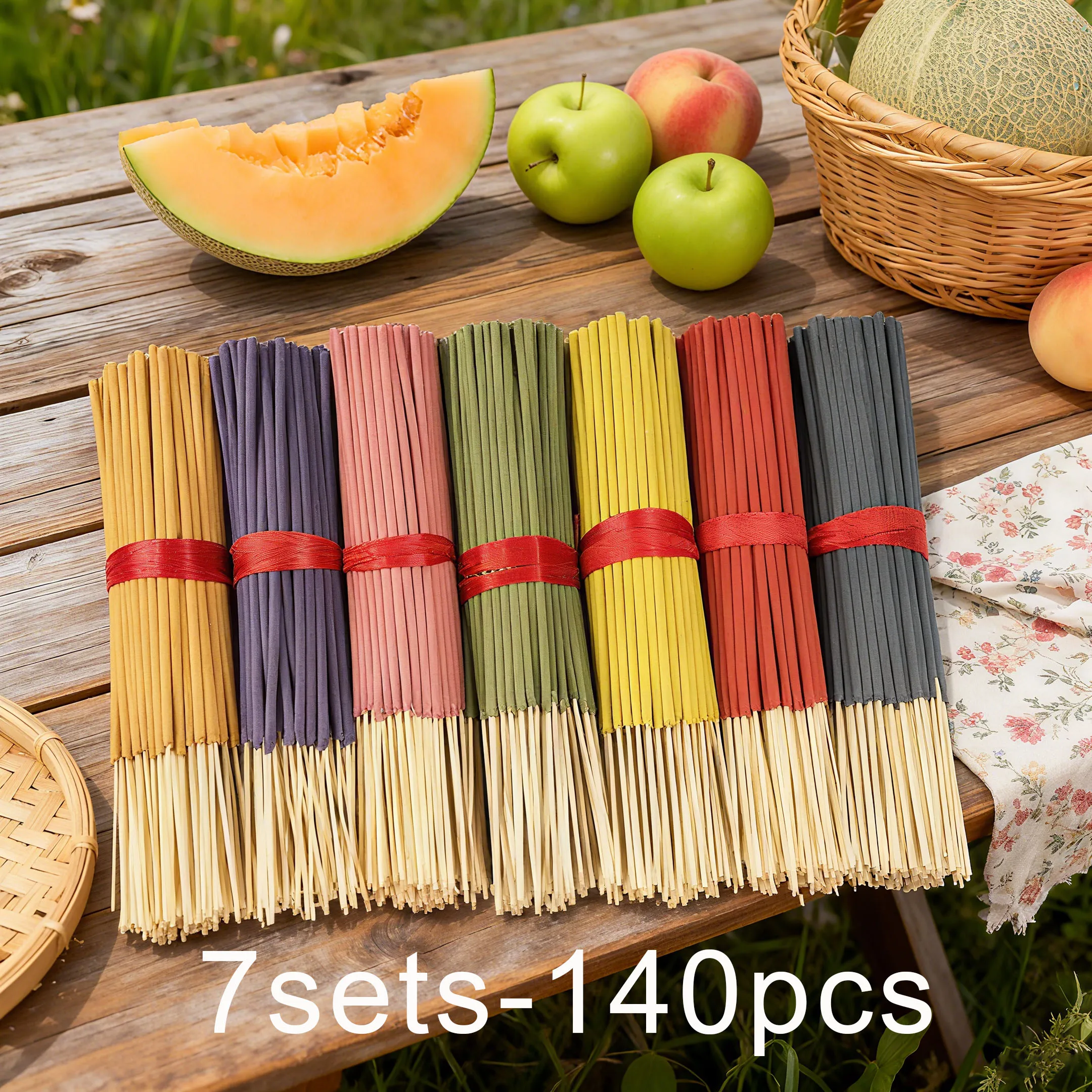 7 Sets mit je 140 Räucherstäbchen, Erhältlich in vier Saison-Sets: Rose, Lavendel, Sandelholz, Jasmin, Minze, Kirschblüten, Kräuter und Drachenblut-Holz, mit je 20 Stäbchen pro Packung, Geeignet für
