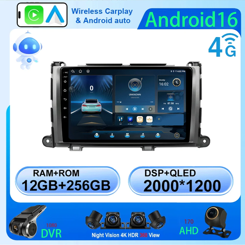 

Android 16 For Toyota Sienna XL30 2010-2014 Car Radio Multimedia Video Player Navigation Stereo GPS Android Auto Carplay RDS 4G
