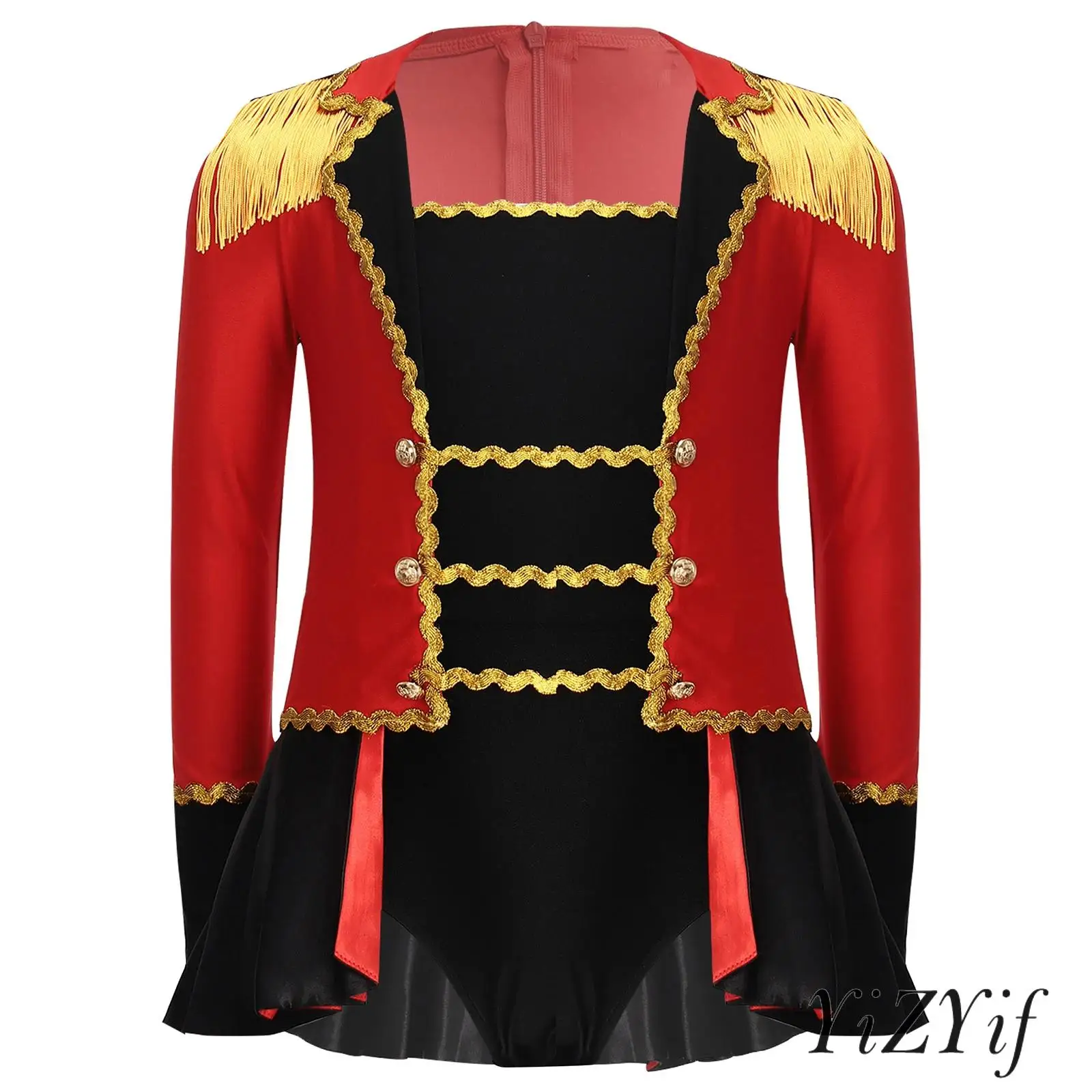 

Girls Retro Circus Performance Romper Costume Gold Trim Turn Down Collar Detachable Epaulets Pleated Jumpsuit Magician Outfit