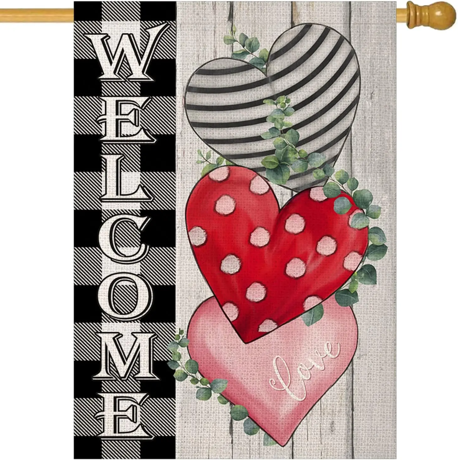 Fukeen Vintage Valentines Day House Flag 28x40 Inch Double Sided Black White Buffalo Plaids Checked Rustic Wood With Love Heart