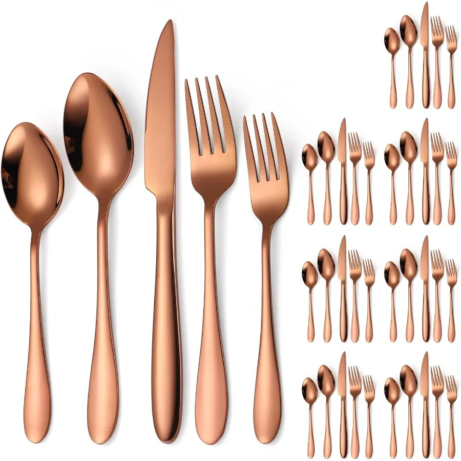 

Copper Flatware Set 8 Stainless Steel Silverware 40 Pieces include Forks Spoons Knives Heavy Duty Durable for Home Kitchen Fest