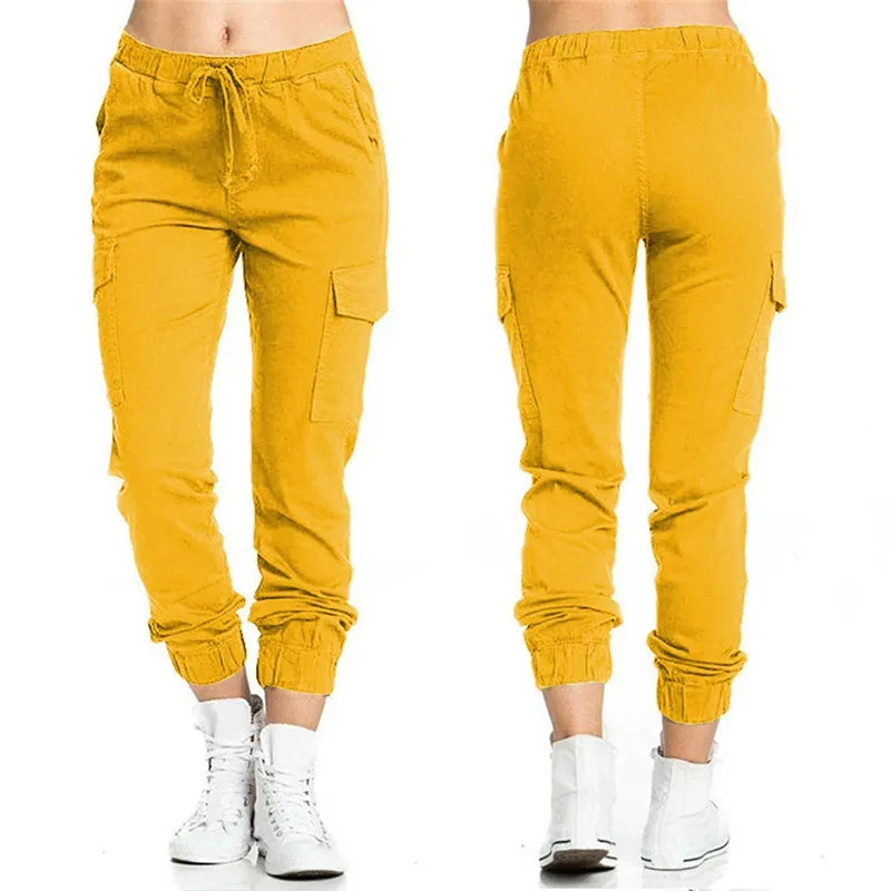 New Solid Jogger Women's Cargo Pants Multi-Pocket Drawstring Elastic Waist Women Sports Pants Streetwear Casual Long Pant