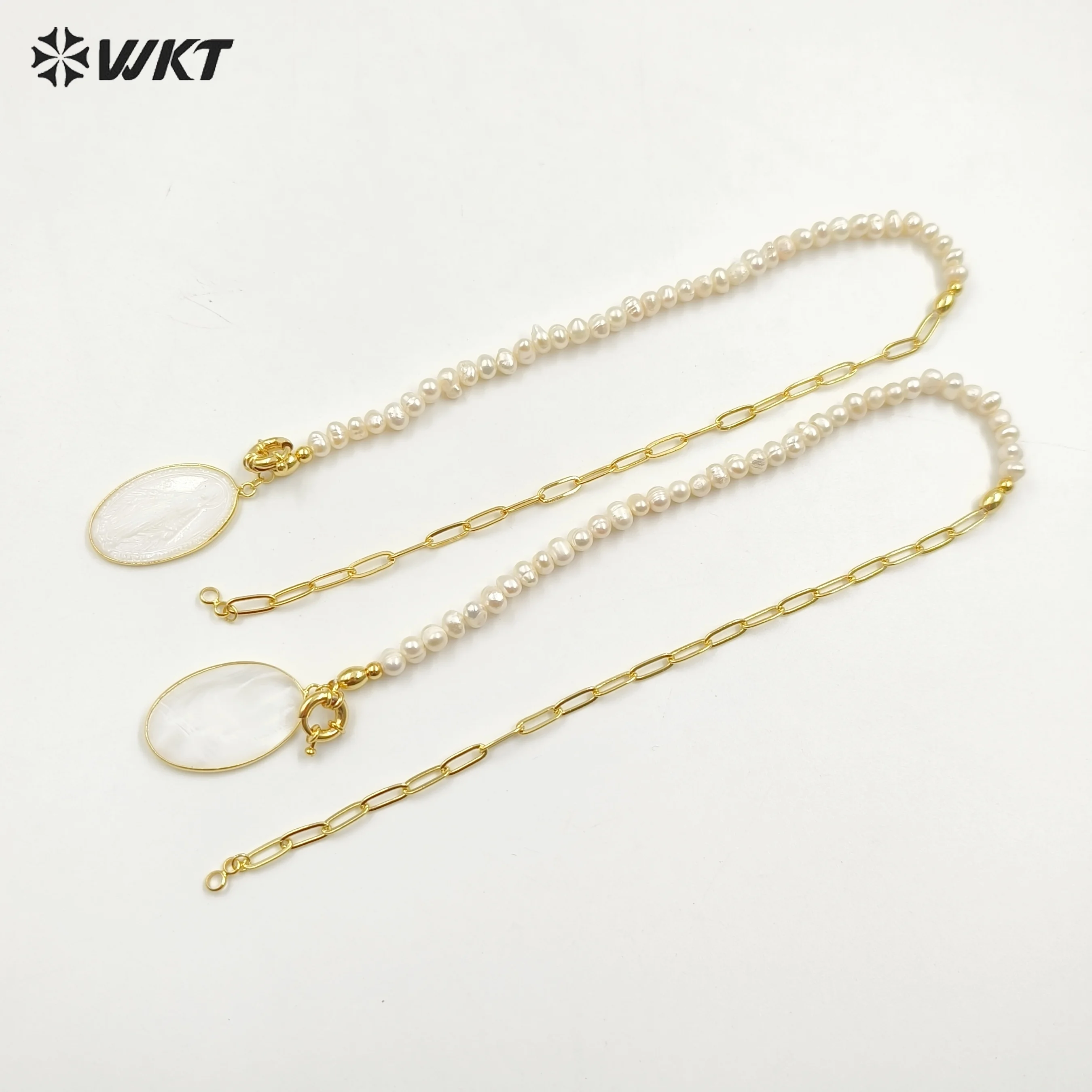 WT-JN128 WKT Unique Amazing Chic Design Women Hand Make Carved Religious Christian Mary Jesus Pendant 18Real Gold Shell Necklace