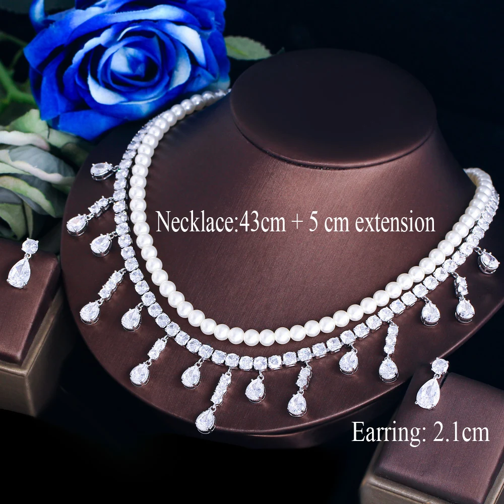 BeaQueen Elegant 2 Layered Sliver Color Pearl Long Tassel Water Drop Necklace Earring for Women Anniversary Jewelry Set JS412