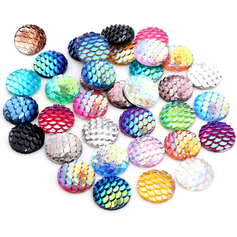 40pcs 8mm 10mm 12mm Mix Colors Mermaid Fish Scale Flat back Rhinestone Round Cabochon Embellishment Scrapbooking DIY Crafts