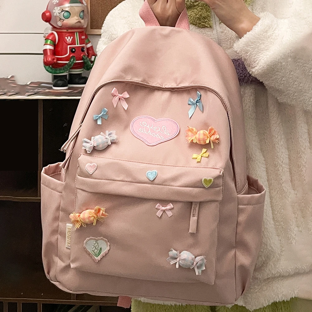 여성 보우 하트 캔디 배낭 대용량 간단한 보우 캔디 배낭 지퍼 클로저 캔디 학교 배낭 십대 소녀